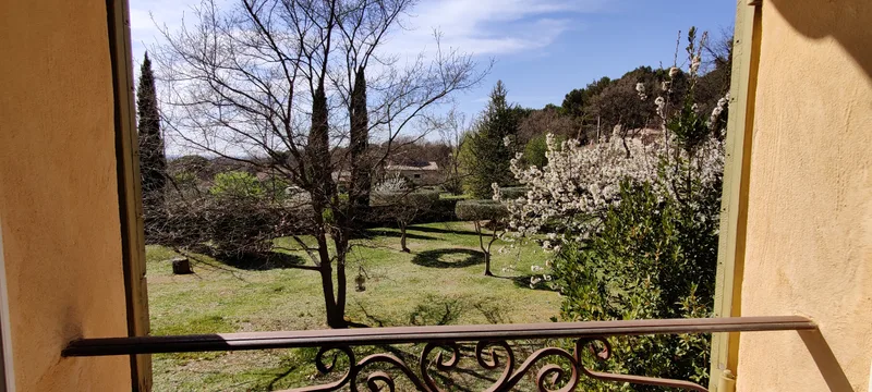 Vue sur les arbres et la pelouse depuis la terrasse abritée